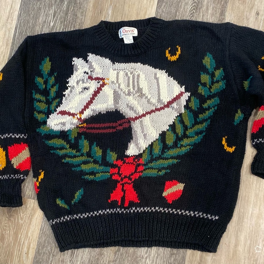 Vintage Orvis Crewneck Sweater with White Horse Intarsia
